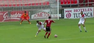 HUMILIATION: Iker Guarrotxena puts Mirandes 2-0 up against Mallorca