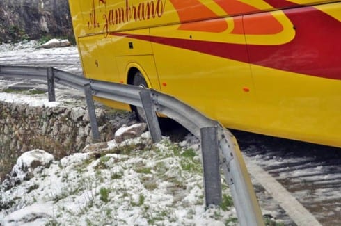 INCHES AWAY FROM DISASTER: The coach comes to rest against a crash barrier. Photograph: Eva Bratek