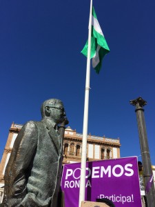 WATCHFUL EYE: Founder of Andalucian independence Blas Infante watches over a Podemos rally in Ronda this week