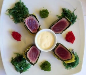Tartaki of bluefin tuna, with a wakame salad, egg roe ‘tobiko’ and mayonnaise wasabi