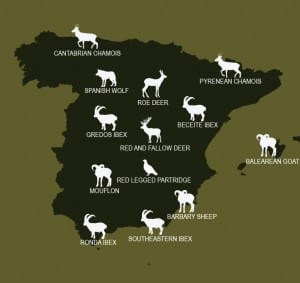 Map showing popular hunting locations in Spain 