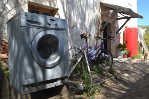 A bicycle powered washing machine