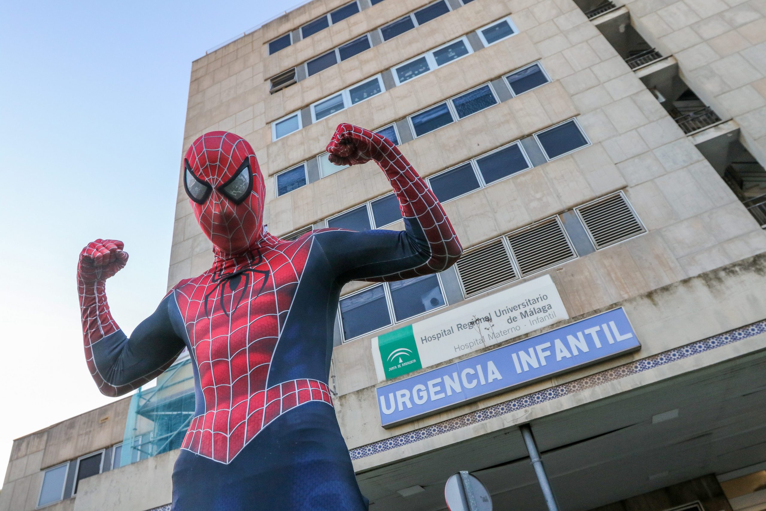 Spiderman outside Malaga maternity hospital in December