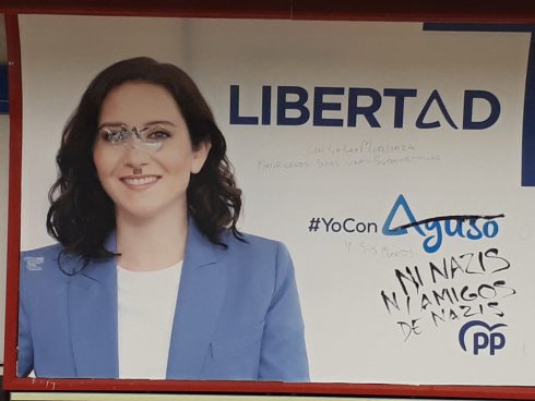 Ayuso election poster vandalised on the Madrid metro