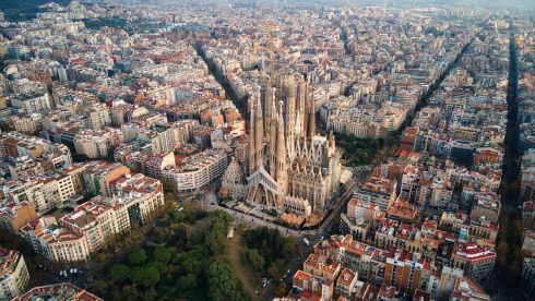 Aerial Drone View Sagrada Familia Barcelona Spain