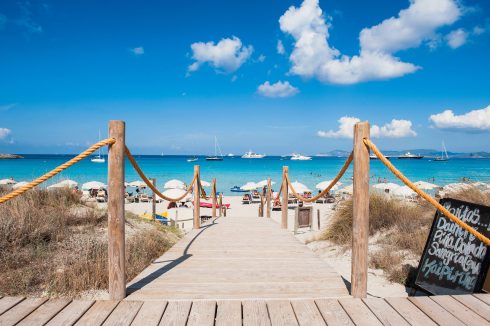 Formentera, Balearic Island, Spain. A Picture Postcard Image Of The Ses Illetes Beach With Its Magical Colors Caribbean.