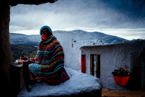 Woman In Crochet Blanket In Cold 2