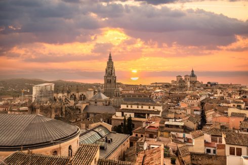 Sunset From The Rooftops In The Medieval City Of Toledo In Castilla La Mancha, Spain