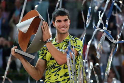 Carlos Alcaraz Of Spain Celebrate Victory With Tournament Trophy In Madrid, Spain 8 May 2023