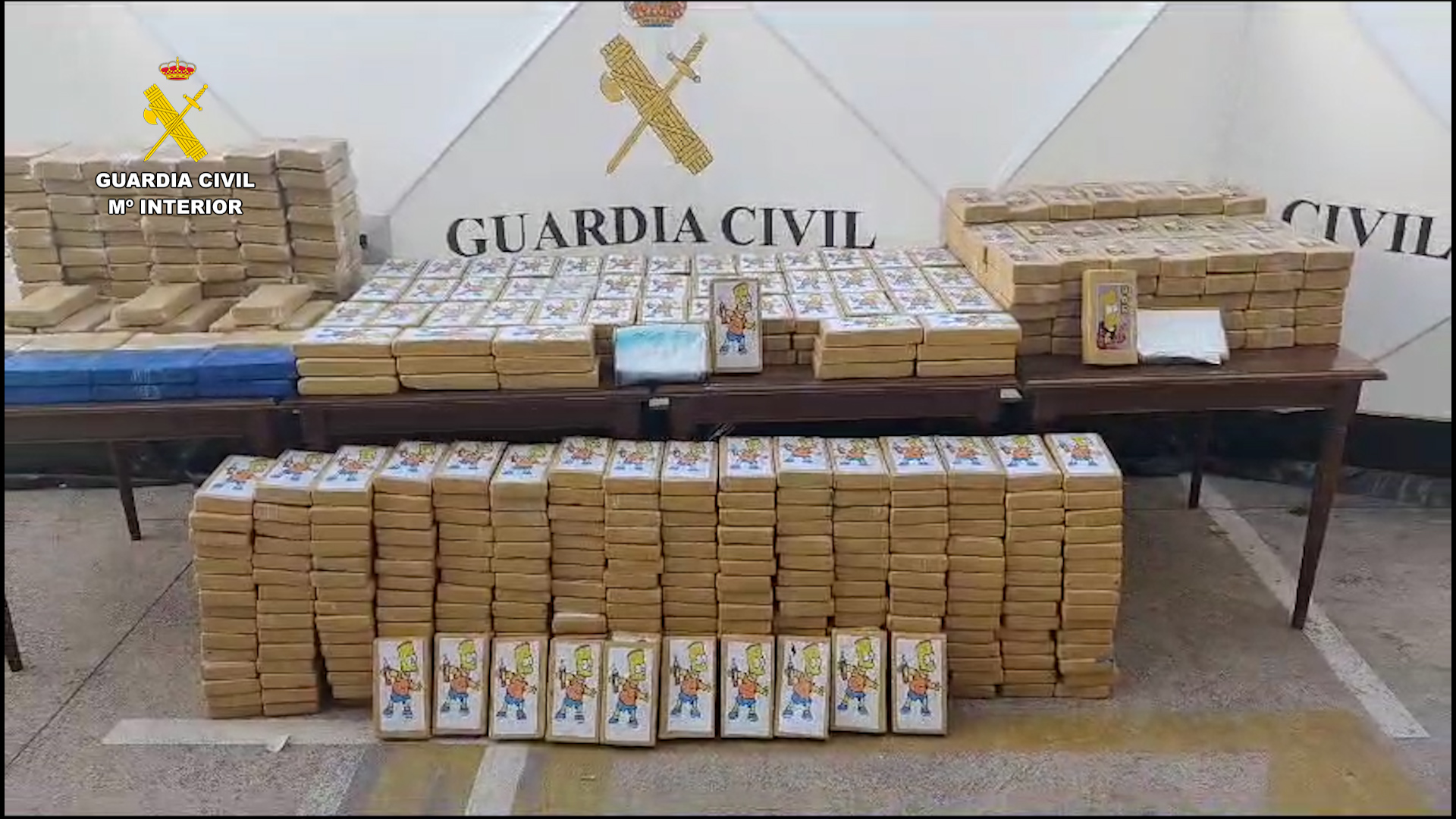 Ay, caramba! Moment a huge €130m haul of 'Bart Simpson cocaine' sent from South America is seized in Spain