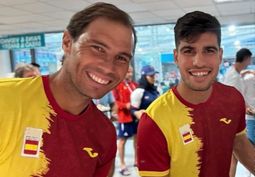 Carlos Alcaraz and Rafael Nadal pose for selfie as they arrive at the Olympic Village in Paris ahead of 'dream team' doubles debut