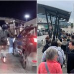 A rogue officer (left) is accused of trying to check passports at the Gibraltar border while drunk, while (right) queues at the frontier this week