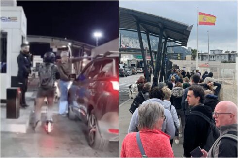 A rogue officer (left) is accused of trying to check passports at the Gibraltar border while drunk, while (right) queues at the frontier this week